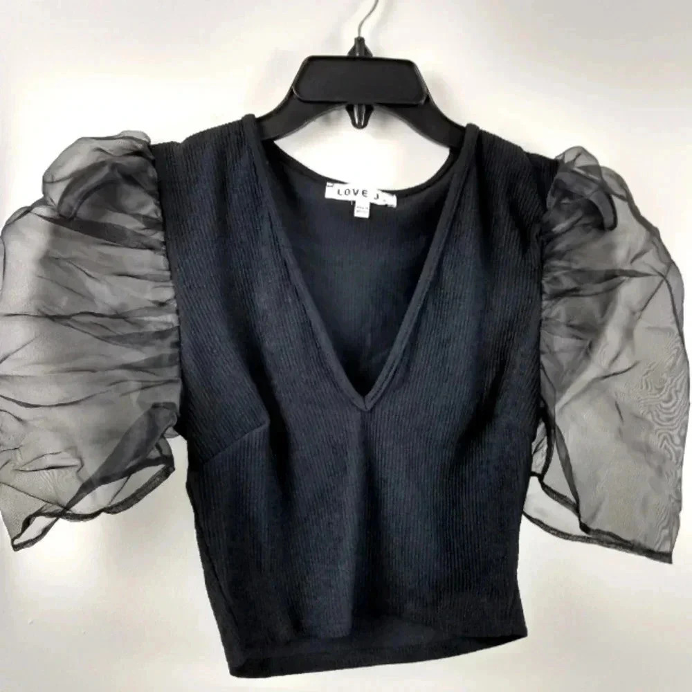 Love J Sheer Short Sleeve V Neck Black Crop Top Size Small